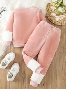 Toddler Girls Rabbit Embroidery Contrast Sleeve Flannel Sweatshirt & Trousers - Baby Pink - View 2