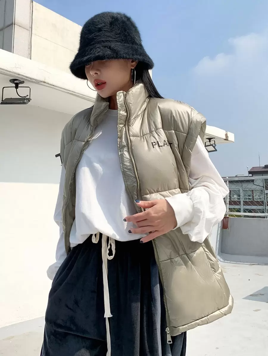 DAZY Bokstav Grafisk Dragkedja Vadderad Västjacka Vinter Damkappor