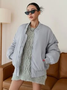 SHEIN COLDBREAK Ruched Drop Shoulder Zipper Padded Coat - Light Grey - View 1