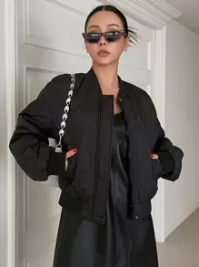 SHEIN COLDBREAK Solid Onion Quilted Bomber Jacket - Black - View 1