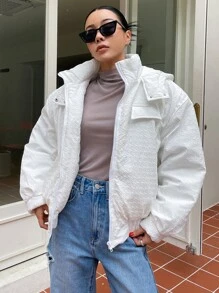 SHEIN COLDBREAK Solid Zip Up Hooded Padded Coat - White - View 1