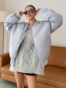 SHEIN COLDBREAK Ruched Drop Shoulder Zipper Padded Coat - Light Grey - View 4