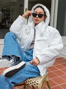 SHEIN COLDBREAK Solid Zip Up Hooded Padded Coat - White - View 3