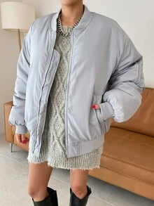 SHEIN COLDBREAK Ruched Drop Shoulder Zipper Padded Coat - Light Grey - View 5