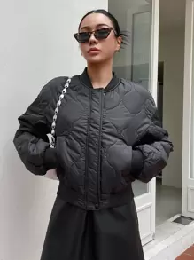 SHEIN COLDBREAK Solid Onion Quilted Bomber Jacket - Black - View 3
