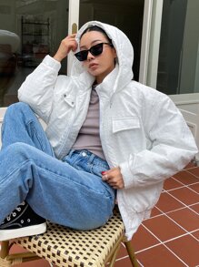 SHEIN COLDBREAK Solid Zip Up Hooded Padded Coat - White - View 5