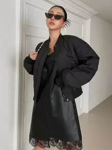 SHEIN COLDBREAK Solid Onion Quilted Bomber Jacket - Black - View 5