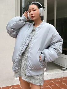 SHEIN COLDBREAK Ruched Drop Shoulder Zipper Padded Coat - Light Grey - View 9