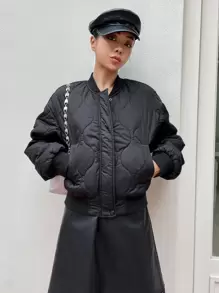 SHEIN COLDBREAK Solid Onion Quilted Bomber Jacket - Black - View 7