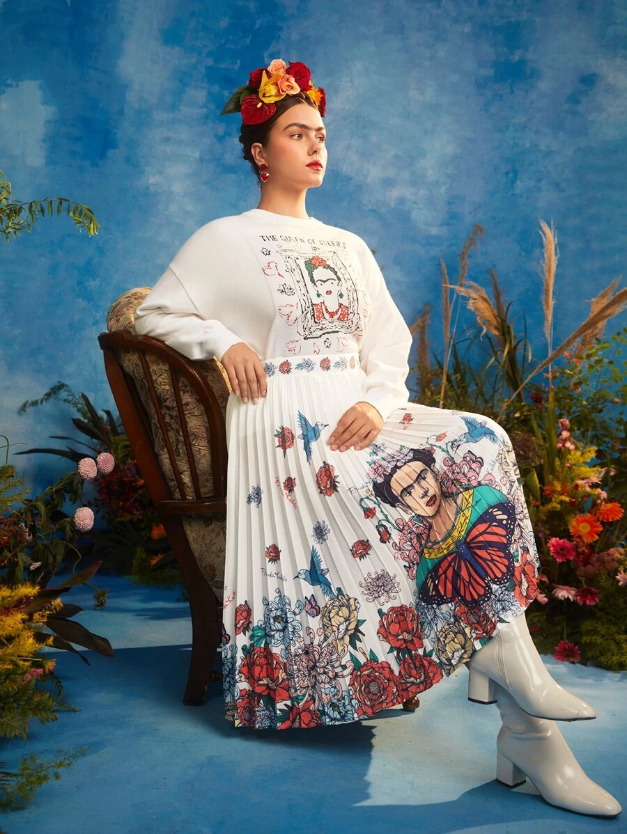 Frida Kahlo X SHEIN Váy Plus Size Xếp li Hoa Boho - Nhiều màu - Xem 1