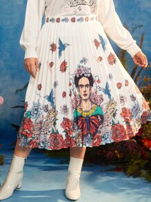 Frida Kahlo X SHEIN Váy Plus Size Xếp li Hoa Boho - Nhiều màu - Xem 3