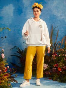 Frida Kahlo X SHEIN Plus Floral & Letter Graphic Drop Shoulder Drawstring Hoodie - Beige - View 3