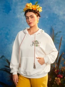 Frida Kahlo X SHEIN Plus Floral & Letter Graphic Drop Shoulder Drawstring Hoodie - Beige - View 5