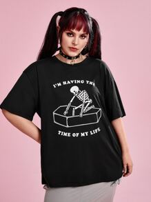Catsneeze Plus Skeleton & Slogan Graphic Drop Shoulder Tee - Black - View 1