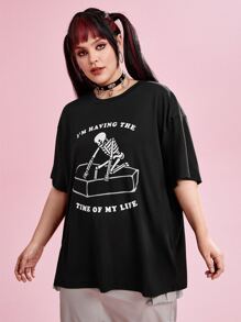 Catsneeze Plus Skeleton & Slogan Graphic Drop Shoulder Tee - Black - View 3