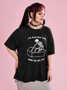 Catsneeze Plus Skeleton & Slogan Graphic Drop Shoulder Tee - Black - View 4