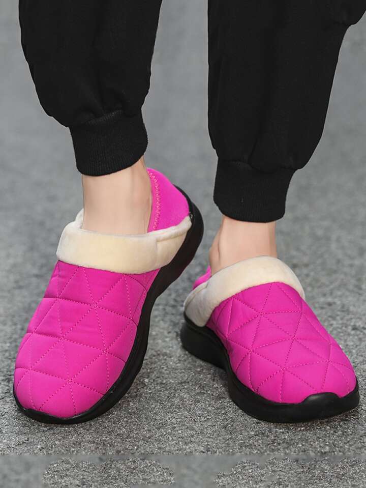 Neon Pink Quilted Detail Fuzzy Trim Slip On Casual Shoes SHEIN USA