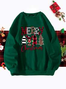 Christmas Tree & Slogan Graphic Pullover - Dark Green - View 1