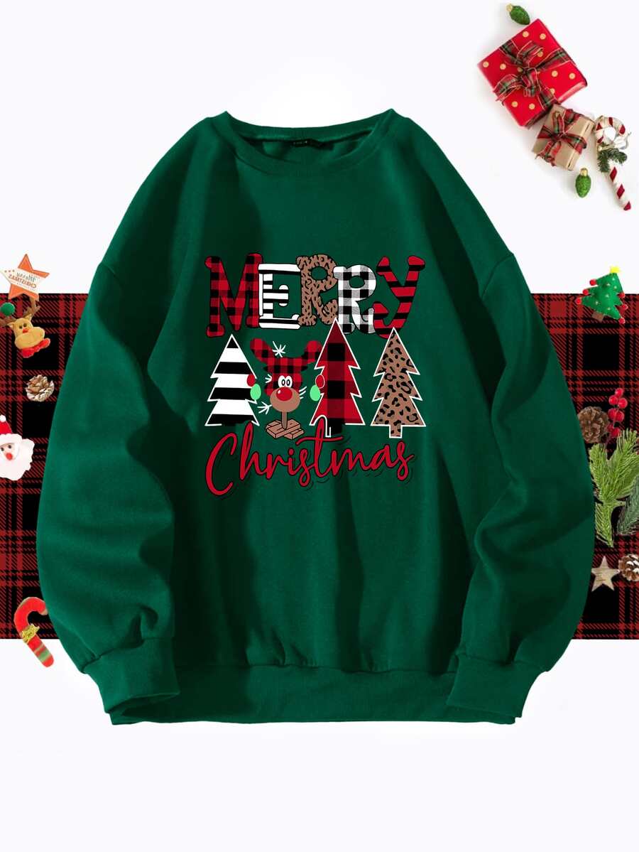 Christmas Tree & Slogan Graphic Pullover - Dark Green - View 1