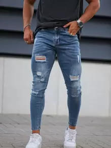 男士破洞水洗緊身牛仔褲 - 中等水洗藍 - 查看 1