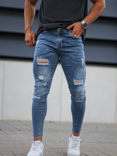 بنطلون جينز نحيل ممزق مغسول للرجال