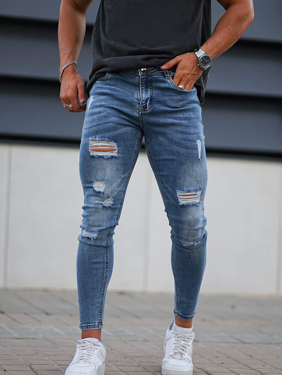 男士破洞水洗緊身牛仔褲 - 中等水洗藍 - 查看 1