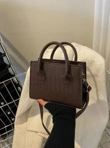 Crocodile Embossed Square Bag - Coffee Brown - View 3