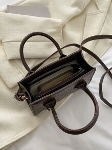 Crocodile Embossed Square Bag - Coffee Brown - View 4