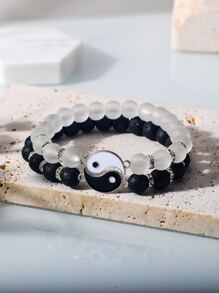 Men's 2pcs/set Fashion Tai Chi Decor Beaded Bracelet For Couple For Daily Decoration, For Jewelry Gift And Party - Black and White - View 1