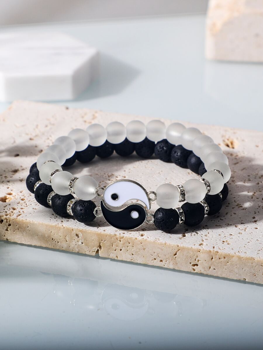 Men's 2pcs/set Fashion Tai Chi Decor Beaded Bracelet For Couple For Daily Decoration, For Jewelry Gift And Party - Black and White - View 1