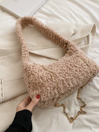 Fuzzy, Soft, Plush Chain Decor Fluffy Hobo Bag For Girls, Women, College Students, Rookies & White-collar Workers For Work, Office, Commute, For Autumn & Winter, Warm Winter, Outdoors