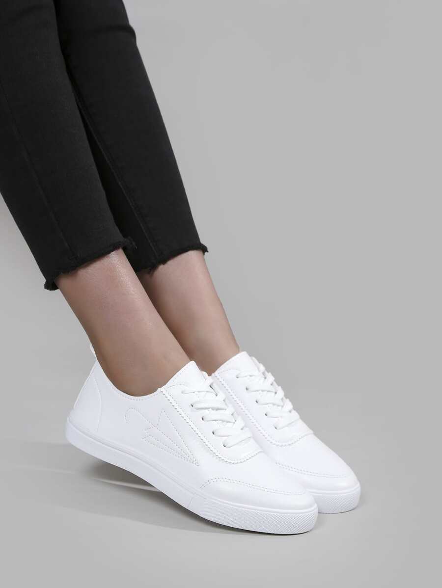 針腳細節前綁帶板鞋 - 白色 - 查看 1