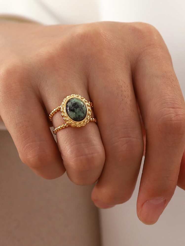 1pc Oval Decor Cuff Ring Natural Stone Stainless Steel Opening Ring Waterproof Jewelry Women Daily Decoration
