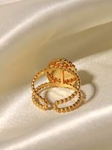 Uworld 1pc Oval Decor Cuff Ring Natural Stone Stainless Steel Opening Ring Waterproof Jewelry Women Daily Decoration - Yellow Gold - View 3