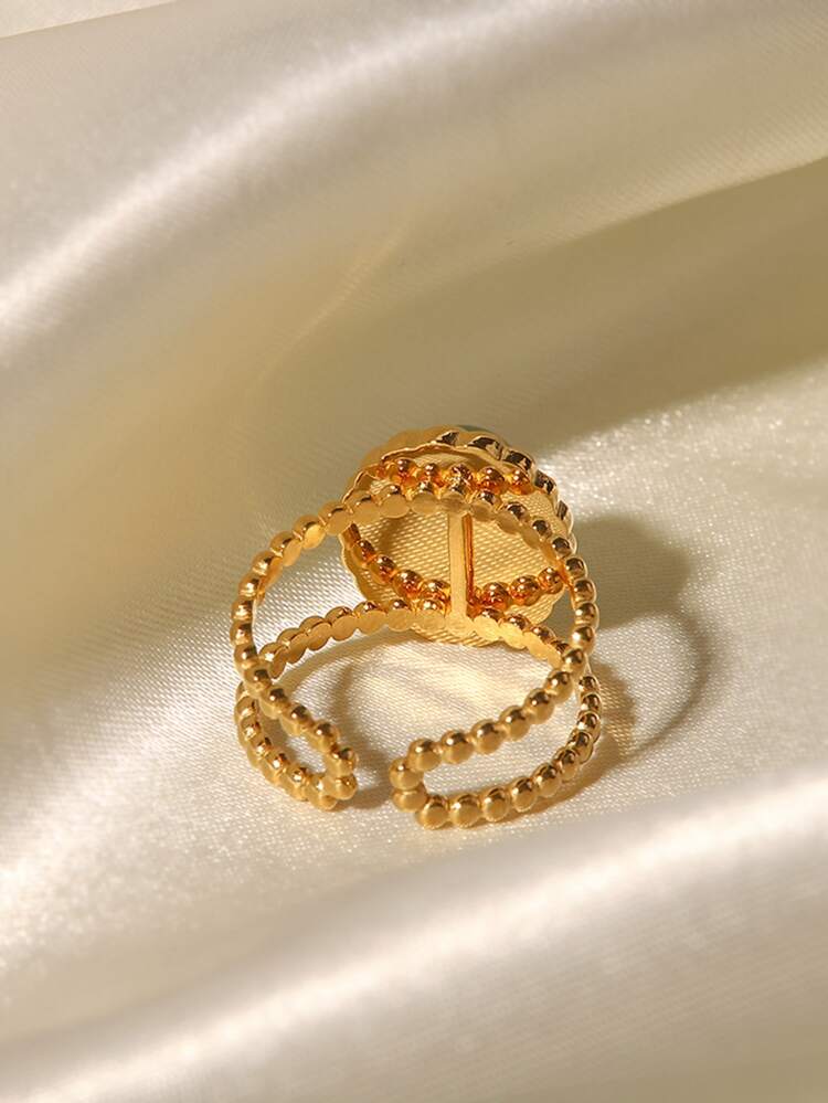 1pc Oval Decor Cuff Ring Natural Stone Stainless Steel Opening Ring Waterproof Jewelry Women Daily Decoration