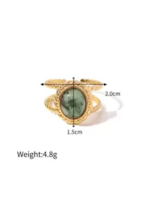 Uworld 1pc Oval Decor Cuff Ring Natural Stone Stainless Steel Opening Ring Waterproof Jewelry Women Daily Decoration - Yellow Gold - View 4