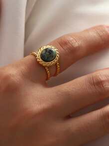 Uworld 1pc Oval Decor Cuff Ring Natural Stone Stainless Steel Opening Ring Waterproof Jewelry Women Daily Decoration - Yellow Gold - View 7
