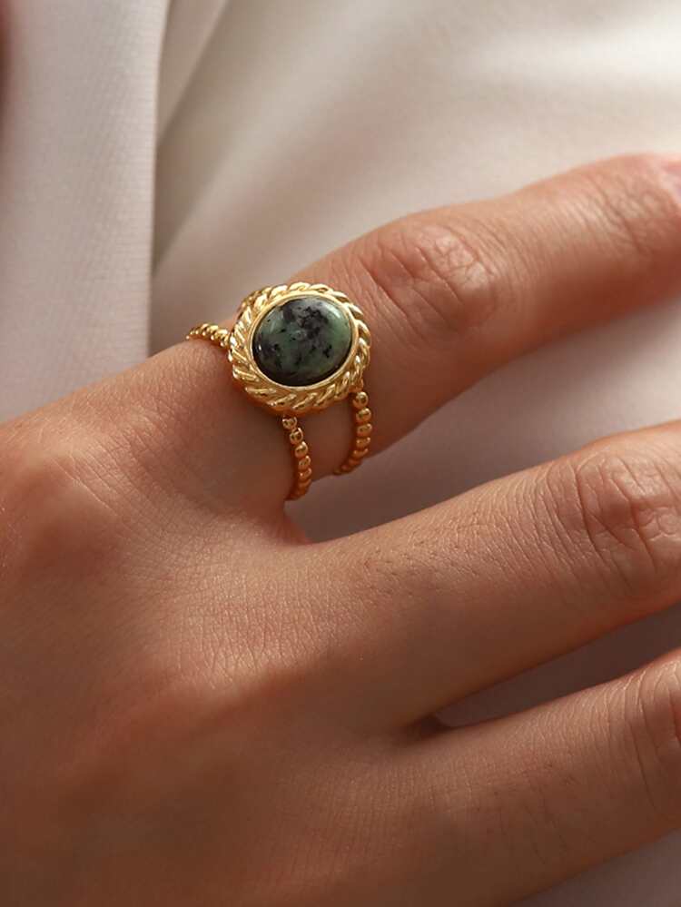 1pc Oval Decor Cuff Ring Natural Stone Stainless Steel Opening Ring Waterproof Jewelry Women Daily Decoration