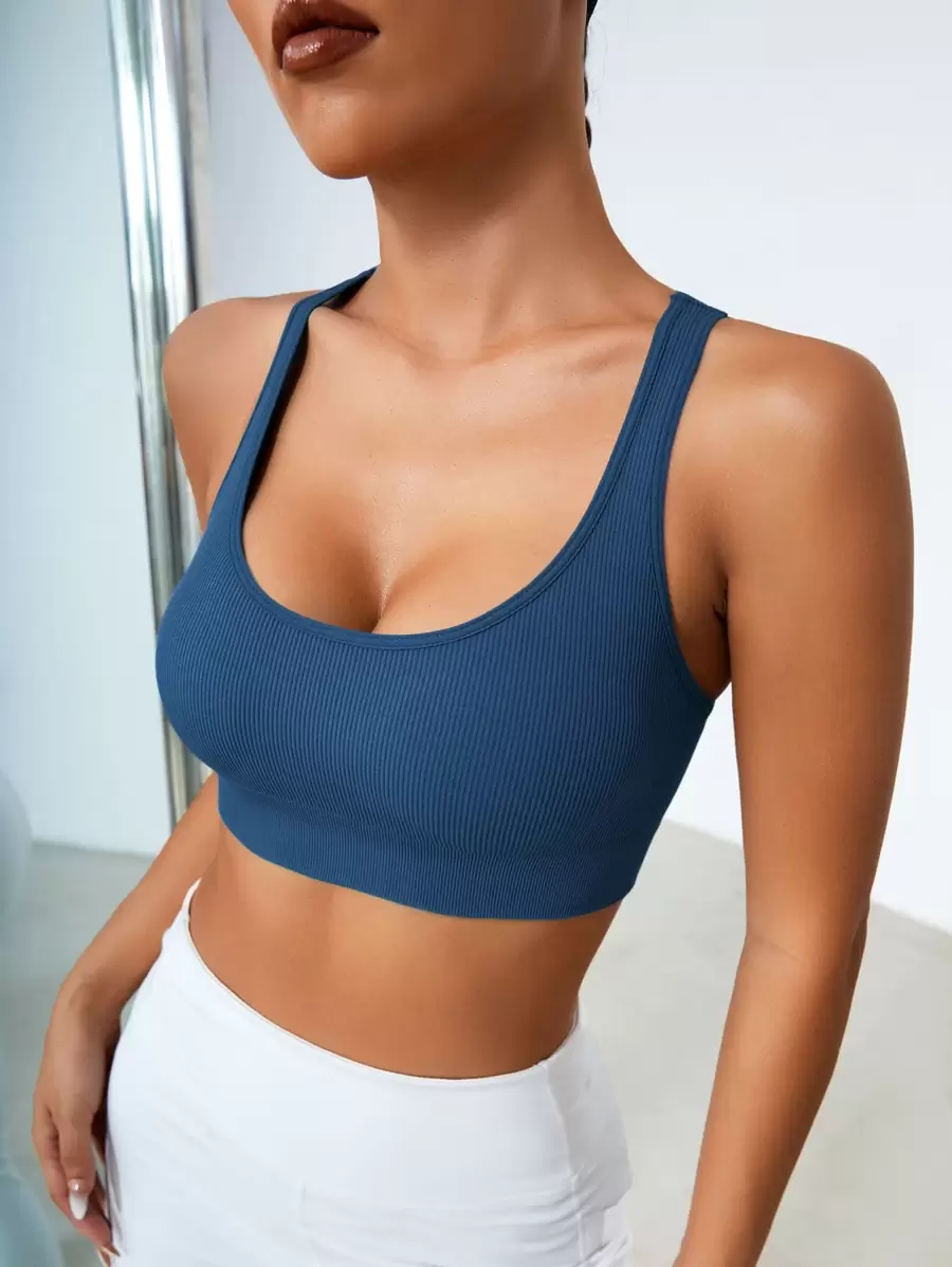 Activina 條紋針織後背十字交叉短款運動背心 - 霧霾藍 - 查看 1