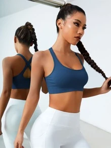 Activina 條紋針織後背十字交叉短款運動背心 - 霧霾藍 - 查看 4