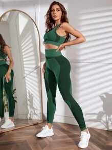 Gameset SHEIN Sport 條紋印花寬腰帶運動套裝 - 綠色 - 查看 4