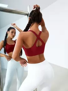 SHEIN Sports Tricot cu nervuri, încrucișat la spate, maiou sport - Burgundia - Vizualizare 2