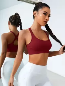 SHEIN Sports Tricot cu nervuri, încrucișat la spate, maiou sport - Burgundia - Vizualizare 4