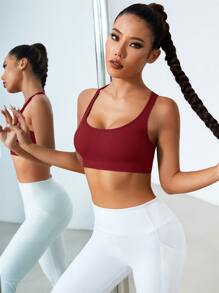 SHEIN Sports Tricot cu nervuri, încrucișat la spate, maiou sport - Burgundia - Vizualizare 5