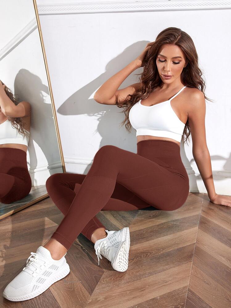 Yoga Basic 跑步緊身褲無縫中度彈力收復運動緊身褲 - 鏽棕色 - 查看 5