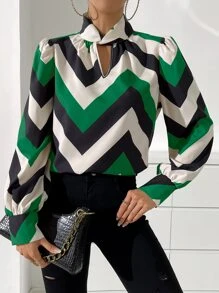 SHEIN Privé Chevron Print Keyhole Neck Puff Sleeve Blouse - Multicolor - View 1