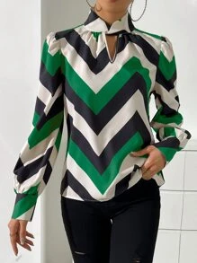 SHEIN Privé Chevron Print Keyhole Neck Puff Sleeve Blouse - Multicolor - View 4