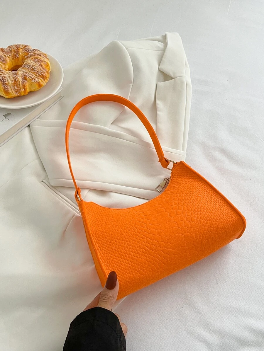 熒光橙蛇皮壓花法棍包 - 橘色 - 查看 1