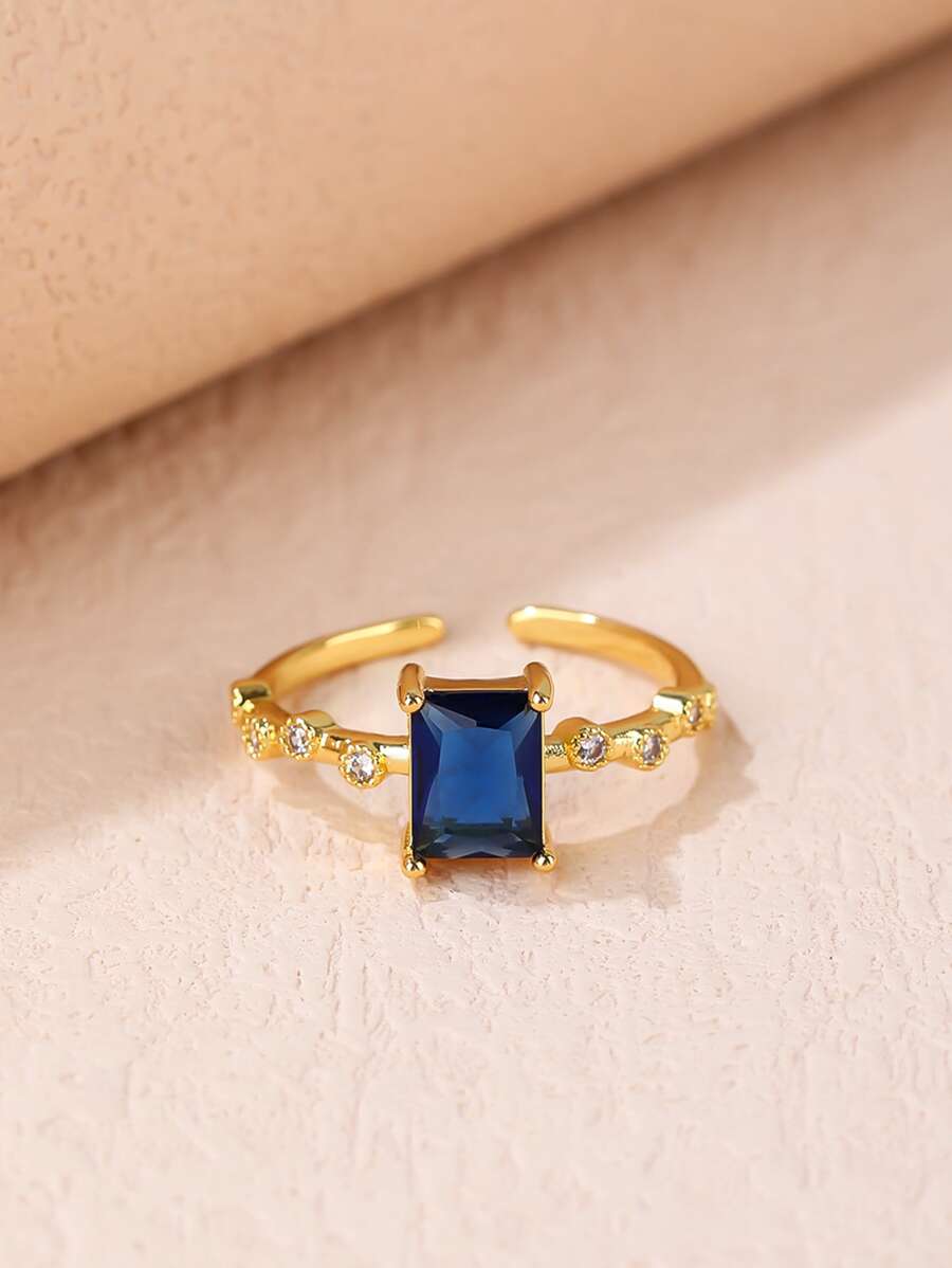 1pc 18k Gold Plated Artificial Cubic Zirconia Open Ring For Women - Blue - View 1