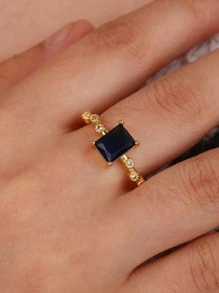 1pc 18k Gold Plated Artificial Cubic Zirconia Open Ring For Women - Blue - View 2